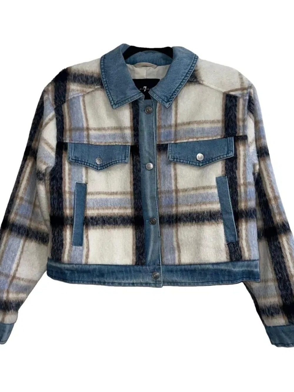 7 For All Mankind Cream, Blue & Brown Plaid Jacket with Denim Trim